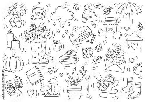 Autumn doodle set. Cute sketch on an autumn theme. Fall Season vector elements: scarf, umbrella, boots, leaves, maple, acorn, cup, pie, pumpkin, knitting. Black outline isolated on a white background.