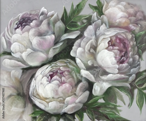 Interior oil painting royal white peonies on a gray background. Print on canvas