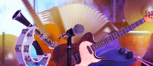 Creative banner design. Modern microphone and different musical instruments
