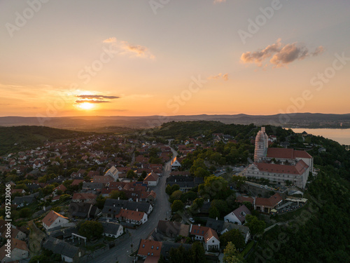 Aerial view of Tihany village overlooking Lake Balaton in Hungary - Sunset