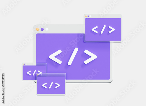 3D Web coding concept. Program code development. Website programming. Web ui page concept. Software engineering. Cartoon creative design icon isolated on white background. 3D Rendering