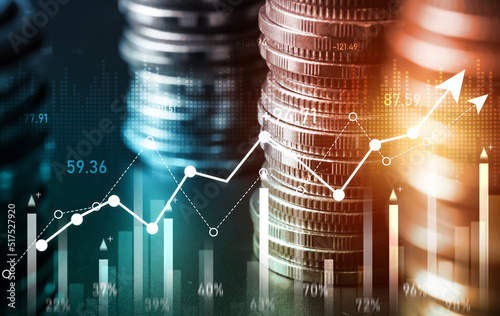 Finance and money technology background concept of business prosperity and asset management . Creative graphic show economy and financial growth by investment in valuable asset to gain wealth profit .