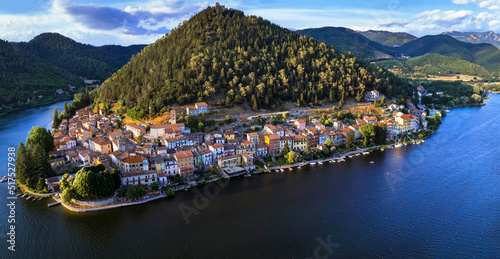 Most beautiful scenic Italian lakes - small picturesque lake Piediluco with colorful houses in Umbria, Terni province. Aerial panoramic view