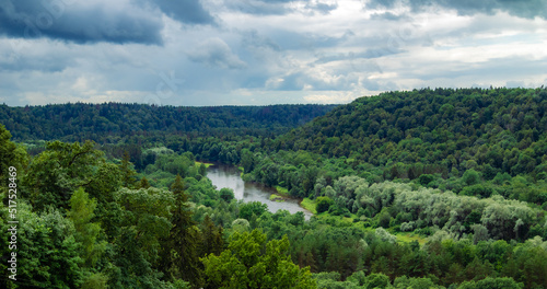 River valley with green trees and cloudy sky