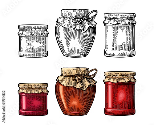 Various glass jars with jam and packaging paper. Vector vintage engraving