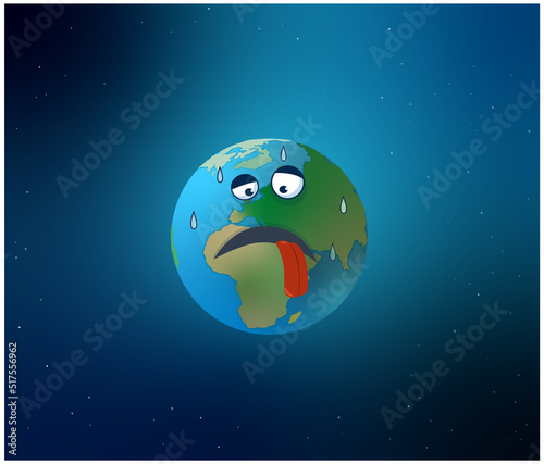 illustration vectorielle amusante représentant la planète terre qui tire la langue et qui transpire à cause du réchauffement climatique