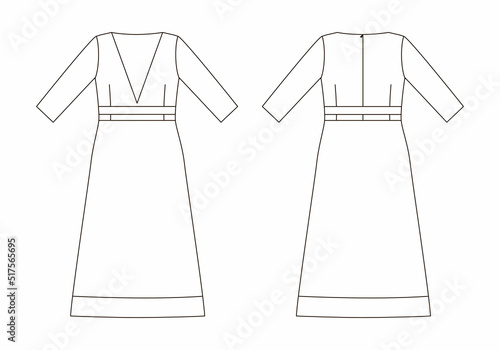 technical sketch of maxi length dress. Back and front view