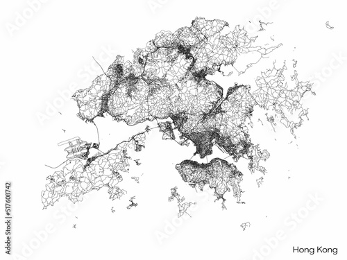 Hong Kong city map with roads and streets. Vector outline illustration.