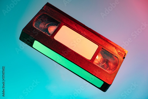 Old video tape on colorful background. VHS video tape. Retro, vintage concept.