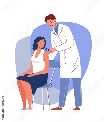 Concept of dermatology, skin diseases. Dermatologist examines woman's shoulder with magnifying glass. Allergist appointment. Vector flat illustration isolated. 