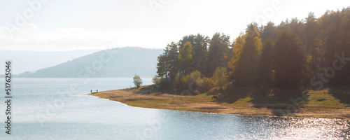 Batak Reservoir dam in autumn, Bulgaria banner view