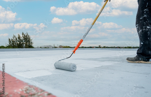 Hand painted gray flooring with paint rollers for waterproof, reinforcing net,Repairing waterproofing deck flooring.