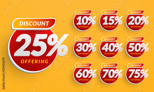 Red round glossy sale tags with different discount sets. 10, 15, 20, 30, 40, 50, 60, 70, and 75 percent. Vector illustration of a badge sticker label. Isolated on a yellow background