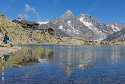 CHAMONIX, FRANCE, July 8, 2022 : The Refuge du Lac Blanc overlooks the Chamonix Valley. It is ideally placed to admire one of the most beautiful mountain ranges in the world.