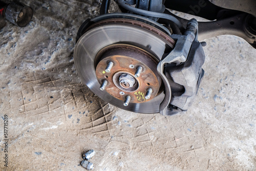Car disk brake repair in garage