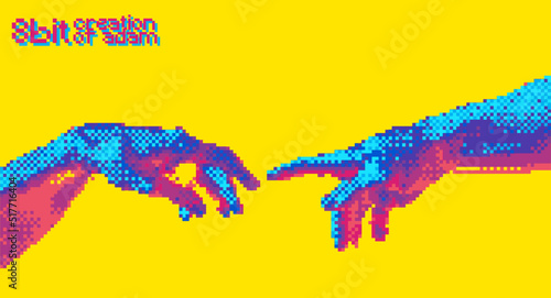 Reaching hands 8 bit color style design concept vector illustration isolated on background in vaporwave color palette.