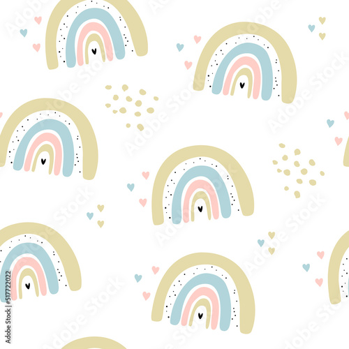 Vector hand drawn seamless pattern with rainbows, dots and drops. Wallpaper in scandinavian style. Children's wallpapers, clothes, textiles.