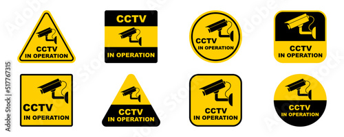 Set with cctv camera signs. Video surveillance. Camera in operation. Warning on Video observation. Yellow stickers.