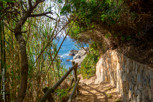 A narrow hilly walking path on the Cami de Ronda, Cala Banys gardens and trail in the Spanish Mediterranean town of Lloret de Mar, Spain, along the Costa Brava coast. 