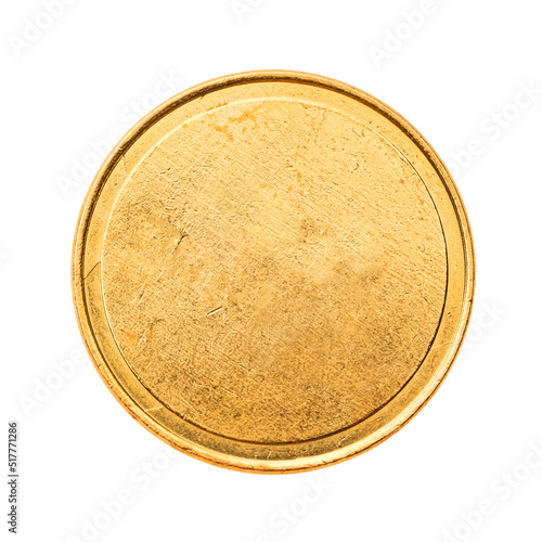 Golden mockup coin, empty coin with worn surface. Isolated on white. Ready for clipping path.