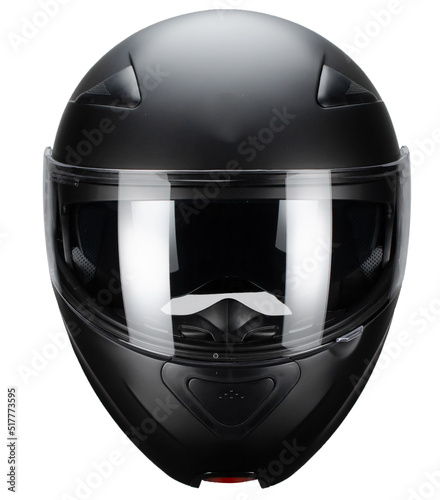 casco de motociclista negro abatible fondo blanco lente para sol vista frontal
