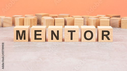 word cubes lined up with the letters mentor written on it. copy space available