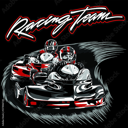 go-kart racing on black background for poster, t-shirt print, business element, social media content, blog, sticker, vlog, and card. vector illustration.