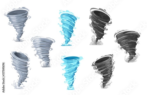 Tornado storm, vector whirlwind twister or cyclone hurricane, vector wind funnels. Tornado or typhoon and hurricane air swirl or storm vortex and windstorm twist in blue, gray and black