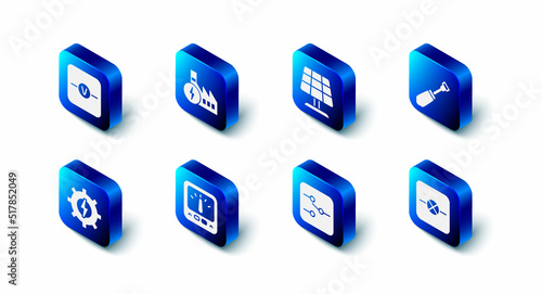 Set Nuclear power plant, Solar energy panel, Screwdriver, Lamp in electronic circuit, Switch, Ampere meter, multimeter, Gear and lightning and Voltmeter icon. Vector