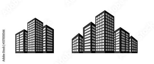 Group of buildings set. 3 and 5 multistorey black houses. Offices or residential apartments. Vector icon, shadow and perspective.