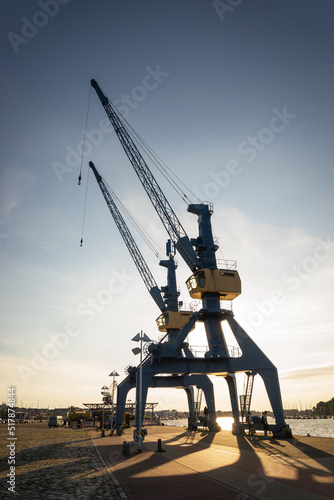  cranes in port of rostock - beautiful sunlight