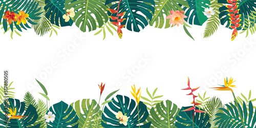 Vector Balinese Polinesian Summer beautiful jungle exotic leaves long horizontal copyspace banner. Botanical summer hibiscus, heliconia, bird of paradise, plumeria flowers. Monstera, tropical plants