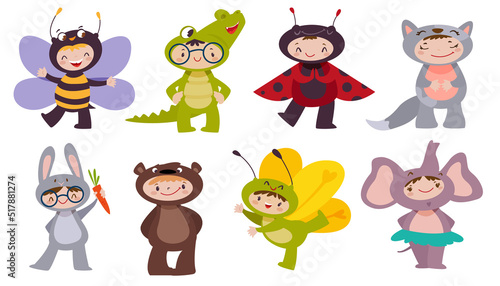 Flat funny children wearing carnival animal costumes. Cute kids characters on fun party smiling, dancing. Set of happy childs in bee, bear, cat, rabbit, elephant, crocodile and insect costume dress.