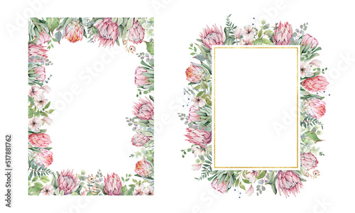 protea frame, protea wreath, pink flowers, postcard design, greenery background, floral border, wedding invitation