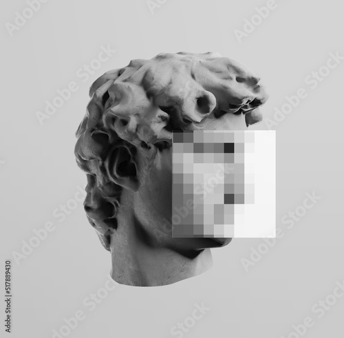 Greek head artwork statue with pixel face template. Style background concept. 