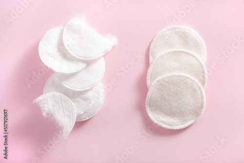 zero waste eco friendly hygiene bathroom concept. single use and reusable washable cotton pads