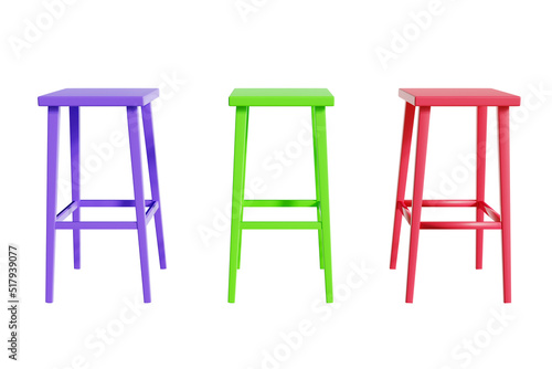 Wooden chair or bench, steel, green plastic Red and purple in square shape Cut or separate from the background, 3D rendering.