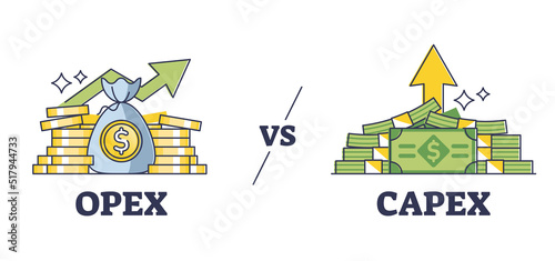 Opex vs capex expenditure comparison as strategy difference outline diagram. Labeled educational capital and operational money spending types as company accounting payment division vector illustration