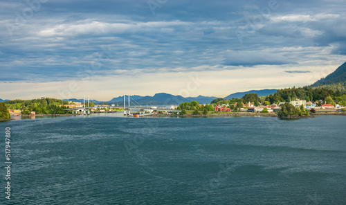 Panorama of the old town of Sitka in Alaska as the sun illuminates the downtown area