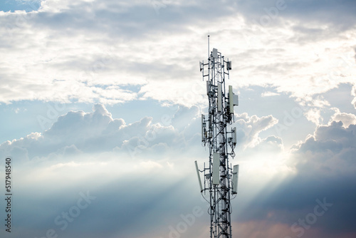Communication tower top. Radio antenna Tower , microwave antenna tower on light sky background. wireless technology concept. communication development concept. image for objects and article.