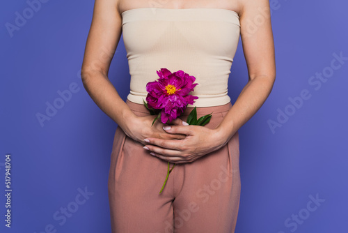cropped view of woman holding blooming flower isolated on purple, menopause concept.