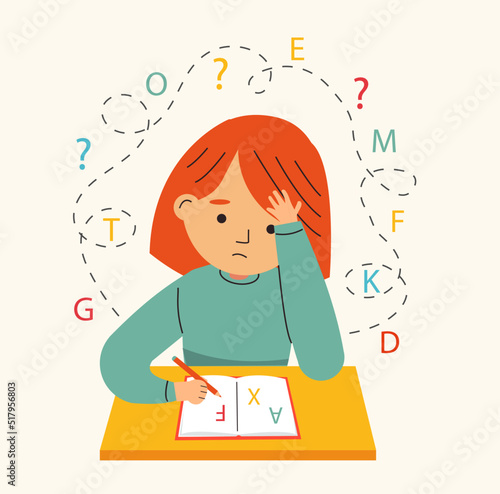 Dysgraphia, dyslexia and learning difficulties concept. Vector illustration. Young girl character has problems with reading, writing.