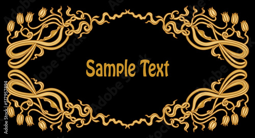 Gold Art Nouveau frame, greeting, invitation card, decorated by golden scrolls, lily flowers, tulips leaf and floral elements on a black background