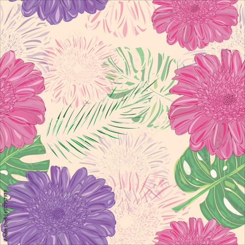 Seamless floral pattern of royal purple, fandango pink color gerbera flower with forest green traditional, dartmouth green color swiss cheese plant leaf and palm tree leaf on creamy corn background.