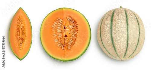 Cantaloupe melon isolated on white background with full depth of field. Top view. Flat lay