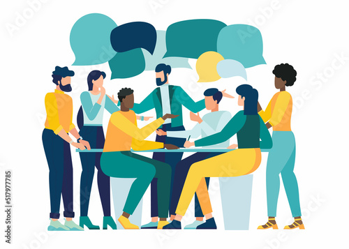 group of people with bubbDiscussion, conversation with speech bubbles. illustration brainstorming for idea, meeting opinion concept, discussing work in meeting and talk with speech bubbles. businesles