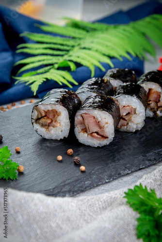 Classic sushi rolls with eel. Traditional Japanese cuisine