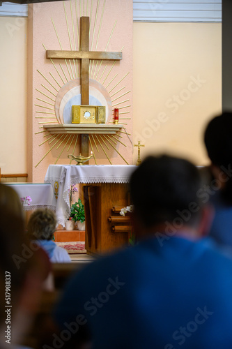 The Blessed Sacrament exposed for adoration in the adoration chapel and people are praying in prostration. Medjugorje, Bosnia and Herzegovina. 2021-08-03. 