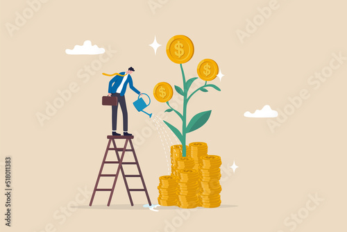 Mutual fund or growing investment, wealth profit growth or earning increase, savings or wealth management, pension fund concept, businessman investor watering stack dollar coin to grow money plant.