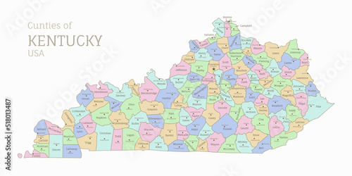 Political color map of Kentucky, USA federal state. Highly detailed map of Southeastern American region with territory borders and counties names labeled realistic vector illustration